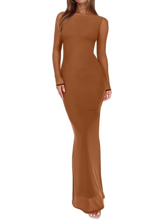Dresses & Skirts - Women's Brown Spring Mesh Sheer Long Sleeve Floral Bodycon Maxi Dress